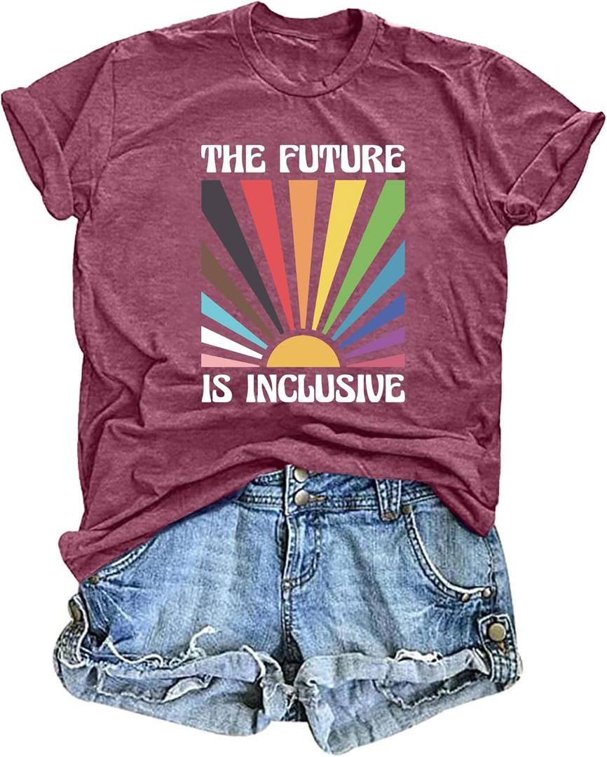 Pride Shirts for Women The Future is Inclusive Shirt Rainbow Graphic T-Shirt Gay Pride Short Sleeve Tops (S)