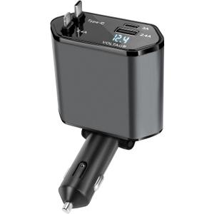 Retractable Car Charger, 4-in-1 Fast Car Phone Charger with 2 Retractable Cable and Type-C & Quick Charge USB Port for iPhone 15/14/13/12Pro Max/XR/XS,Galaxy,Pixel