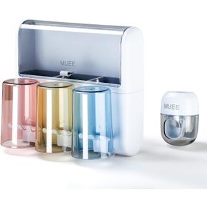 Toothbrush Holder Wall Mounted with Automatic Toothpaste Dispenser, Dustproof Flip Cover and Inverted Cup Slots, Multi-Functional No-Drill Bathroom Organizer for Family, Space Saver (3 Cups)