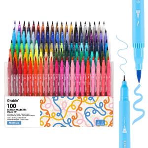 Grabie Dual Tip Water-Based Sketch Marker Set of 100, Fineliner & Brush Drawing Pens, Brush Marker Pens, 100 Colored Markers for Adult Coloring Books No Bleeding, Drawing, Sketching