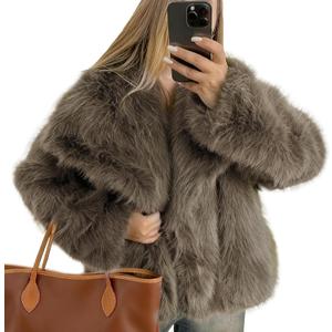 Flygo Women's Faux Fur Coat Fluffy Faux Fur Jacket Long Sleeve Lapel Furry Winter Jackets Shaggy Parka Short Coat (Medium, Light Brown)