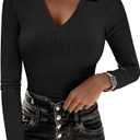 ANRABESS Long Sleeve Shirts for Women V Neck, Black,XS
