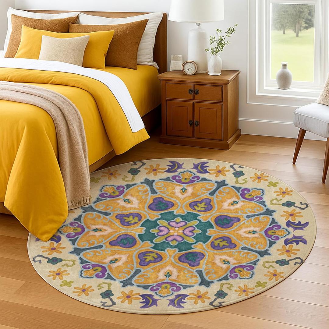 6ft Round Area Rug - Washable Low Pile Circular Rug, Non-Slip Lightweight Indoor Rug for Bedroom, Living Room, Nursery, Office & Dorm | Soft Boho Design for Family, Pet Owners, Renters (round 6ft) (Yellow/Purple/Green)