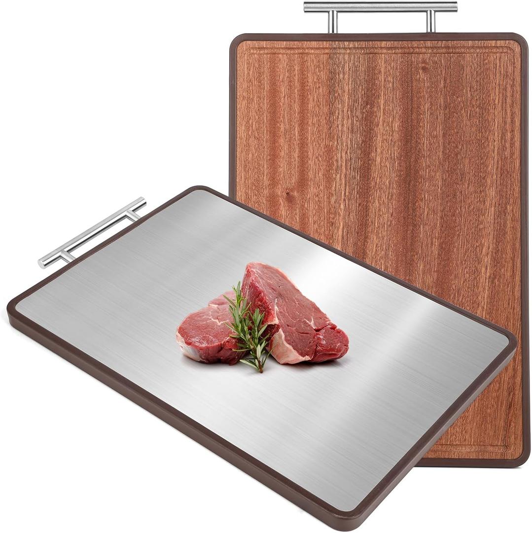 Double-Sided Cutting Board, Ebony Wood & SUS304 Stainless Steel 2-in-1 Kitchen Chopping Board with Juice Groove, Non-Slip Design for Meat, Vegetables, Cheese & Bread