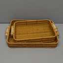GIB Rectangular Rattan Serving Trays with Handles, Small Decorative Woven Poly Wicker Baskets Serving Trays for Coffee Table Decor, Bread, Fruit, Snacks, Set of 2, 13.8"&11.8"