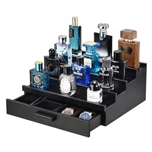 GLOKUUCA Perfume Organizer for Men, 4 Tier Wood Perfume Display Stand with Velvet Lining Drawer and Hidden Compartment for Watch, Jewelry, Perfume Display Risers, A Gift for Men (Black)