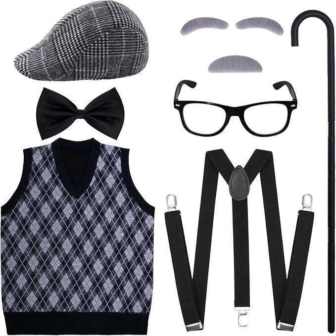 Yymobt 7 PCS Adult 100 Days of School Men Costume, 100 Days of School Man Costume for Halloween Grandpa Costume 1920s Old Man Dress Up Outfit Accessories, For Children, Size M