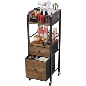 HapiRm Rolling Makeup Cart Organizer - Floor Skincare Make Up Storage with 2 Non-woven Fabric Drawers, Vanity Organizer Cosmetic Display Cases Holder for Skin Care Perfume Nail Polish Brush Hair Tool (Black)