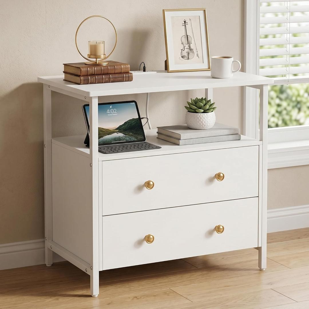 Edbuosy 27 inch Wide Night Stand with Charging Station, Bedside Table with Open Shelf, 2 Drawers Small Wood Dresser, Modern Wood Nightstand for Bedroom/Living Room (White)