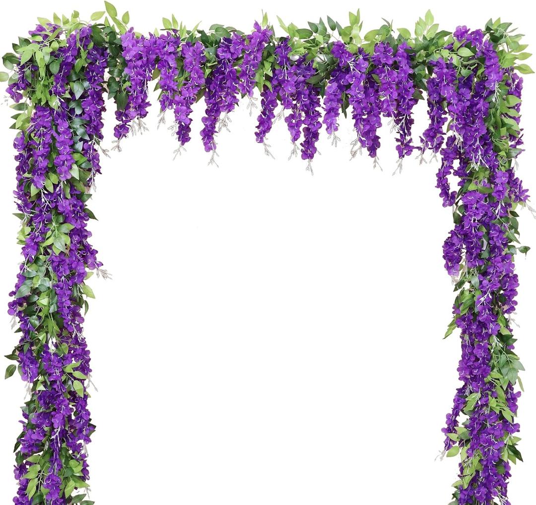 Wisteria Artificial Flowers Garland, 4Pcs Total 28.8ft Silk Faux Wisteria Vine Kit, Hanging Flower Plant for House Outdoor Garden Ceremony Outside Wedding Arch Floral Decor (4, Purple)