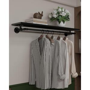 Black Clothes Rack 48in, Wall Mounted Garment Rack with Real Wood Shelf, Heavy Duty Hanging Clothes Rack, Multi-Purpose Hanging Rod, Space-Saving Closet Storage