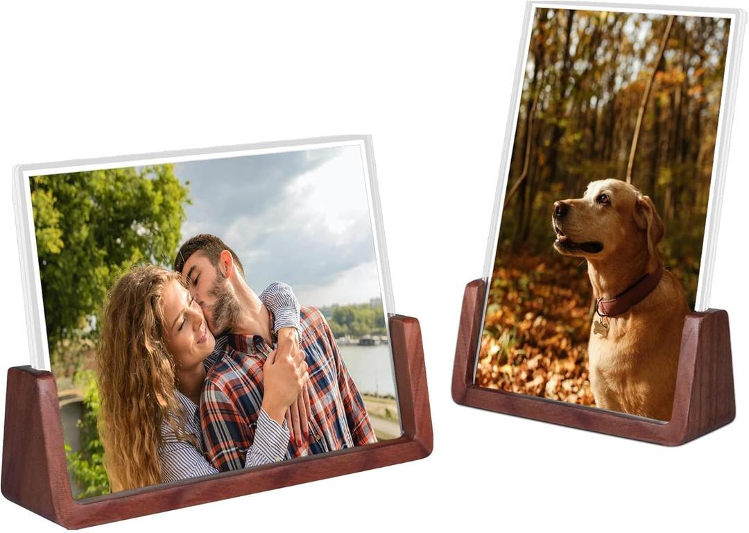 4x6 Picture Frame - 2 Pack, Rustic Wooden Photo Frame with Walnut Wood Base and High Definition Acrylic Glass Covers for Tabletop or Desktop Display (4x6 inch, Horizontal + Vertical)