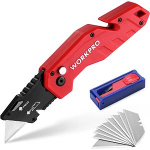 WORKPRO Folding Utility Knife, Quick Change Blade, Lightweight Nylon Handle, Utility Cutter with 10-piece Extra Blades (Red)