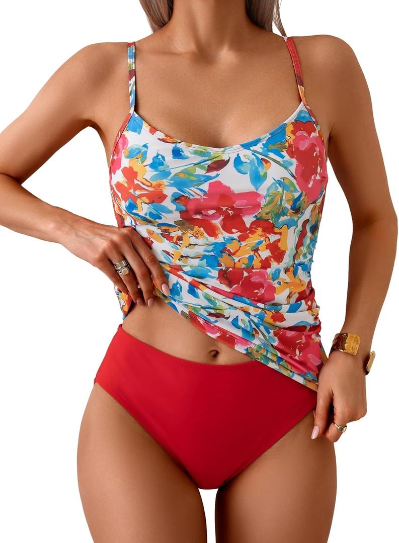 Eomenie Tankini Swimsuits for Women Two Piece Tummy Control Bathing Suit Slimming Modest Swimwear with High Waisted Bottom (Large, Red Blue Floral)
