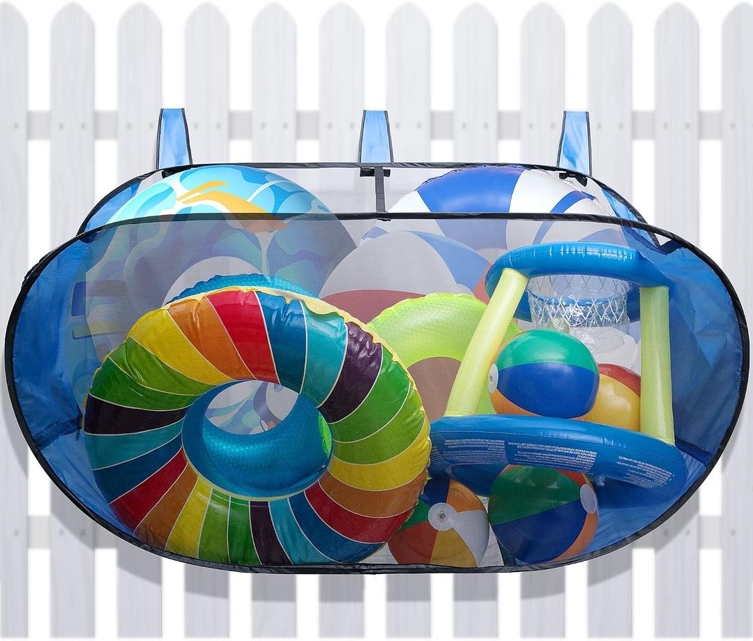 Adnee 60 x 30 x 24 Inches Pop-Up Pool Float Storage Bag,Hanging Mesh Pool Organizer for Fence Pool Side,Foldable Pool Toy Storage Mesh Basket for Floats,Balls,Inflatable Toys and Pool Accessories