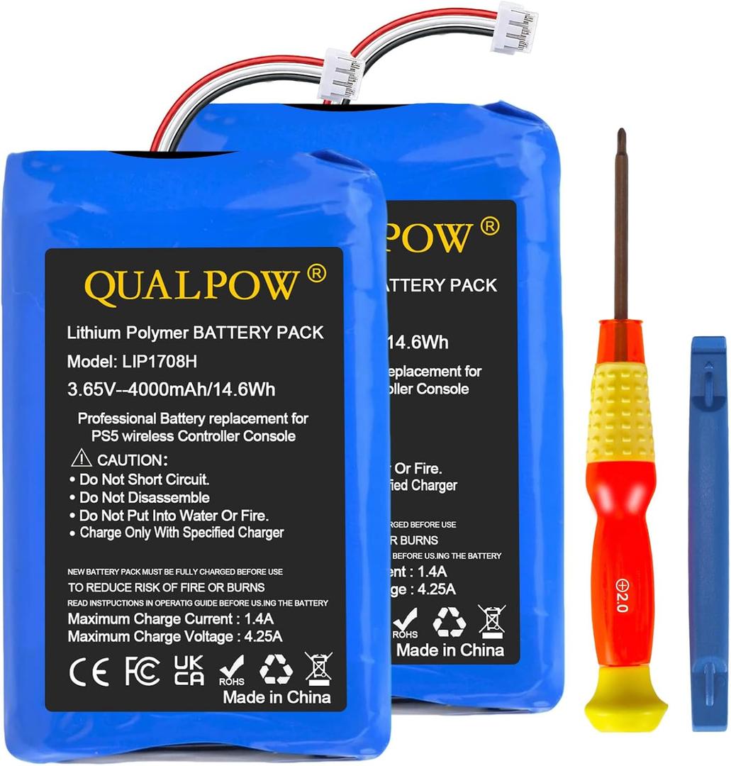 QUALPOW 2PCS 4000mAh PS5/LIP1708 Battery (2025 New Upgrade), Replacement Battery for Sony PlayStation 5 PS5 DualSense CFI-ZCT1W Wireless Controller