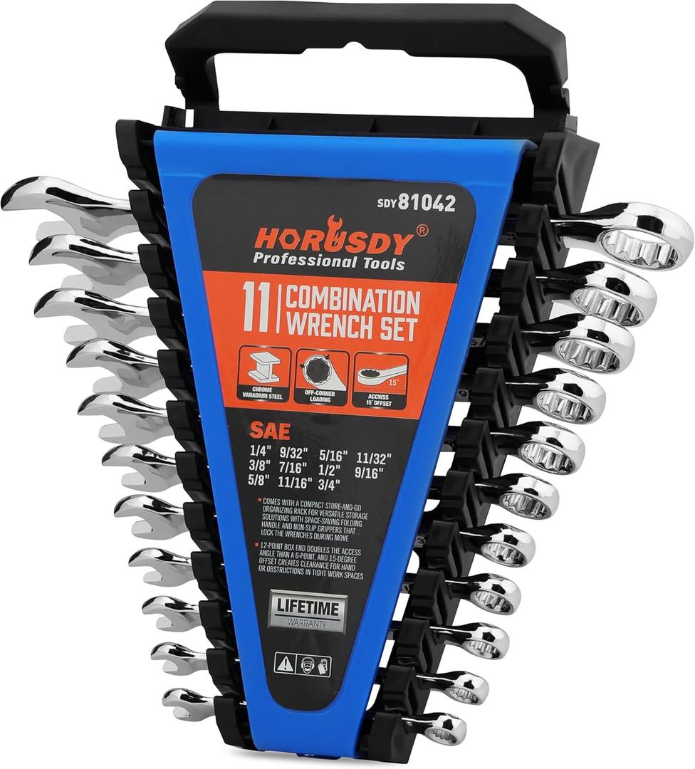 HORUSDY 11-Piece Sae Wrench Set | Combination Wrench Set with Organizer | 12 Point | 1/4" - 3/4" | Chrome Vanadium Steel