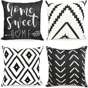Decorative Throw Pillow Covers 18x18 inch Black White Pillow Covers for Couch Sofa Living Room Bedroom Farmhouse Outdoor Throw Pillow Cover,Modern Geometric Linen Square Throw Pillow Case Set of 4 (18" x 18" (Pack of 4), Black White-geometric)