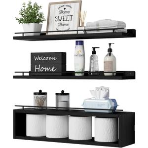 WOPITUES Floating Shelves for Wall 24 inch with Cube Shelf, Wall Shelves with Metal Rail for Decor, Bathroom Organizers and Storage, Over Toilet Shelves for Bathroom, Toilet Paper-Black (23.6 inch)