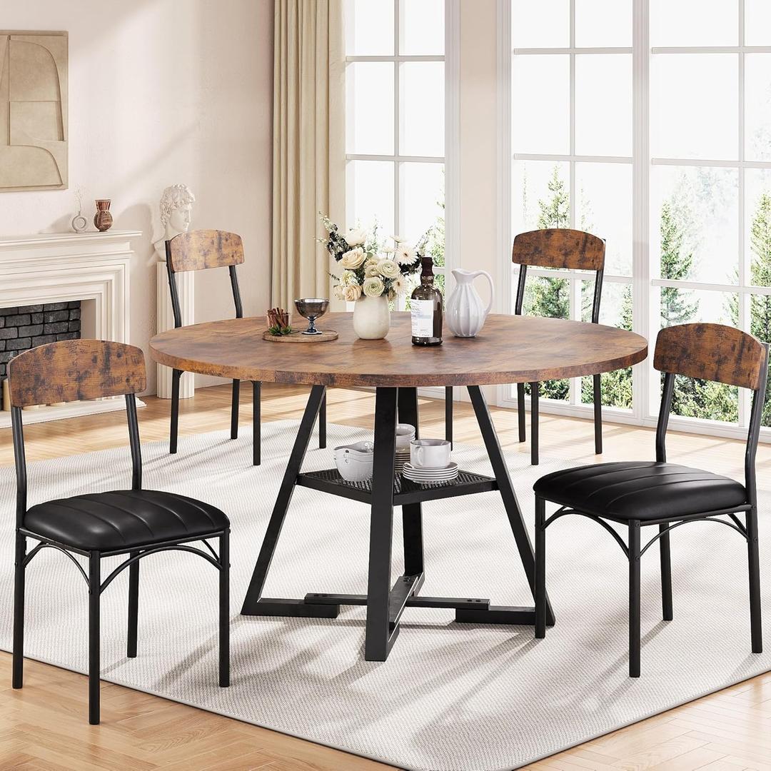 Dining Table Set for 4,Kitchen Table and Chairs for 4, Round Dining Room Table with Upholstered Chairs, 5 Piece Space Saving Circle Wood Kitchen & Dining Room Dinner Dinette Table Set (Vintage, 47In)