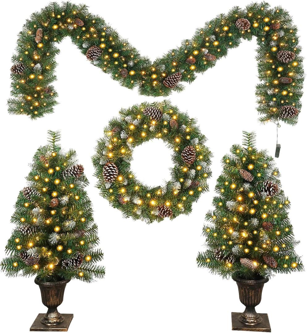 Christmas 4-Piece Set Wreaths and Wreaths Battery Box Powered LED Lights, Set of 2 Entrance Trees, White Lights, Green