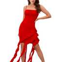 Zeflows Womens Square Neck Spaghetti Strap Bodycon Dresses Side Ruched Sleeveless Irregular Ruffle Tassel Sexy Mini Dresses, Red-M