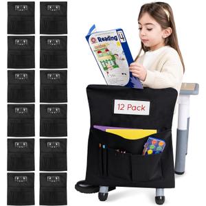 Essex Wares - Pack of 12 Chair Pockets for Classrooms Black 17" Wide x 19.7" Tall - Spacious Student Chair Pockets - Chairback Pocket Chart - Classroom Chair Pockets Suitable for Most Classroom Chairs