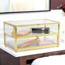 ZEXALOR 2-Tier Vintage Clear Desk Organizer with Drawer,Gold Decorative Storage Boxes,Jewelry Holder Display Tray Trinket Boxes Glass Memory Keepsake Box Dresser Vanity Wedding Decor Gifts(Gold)
