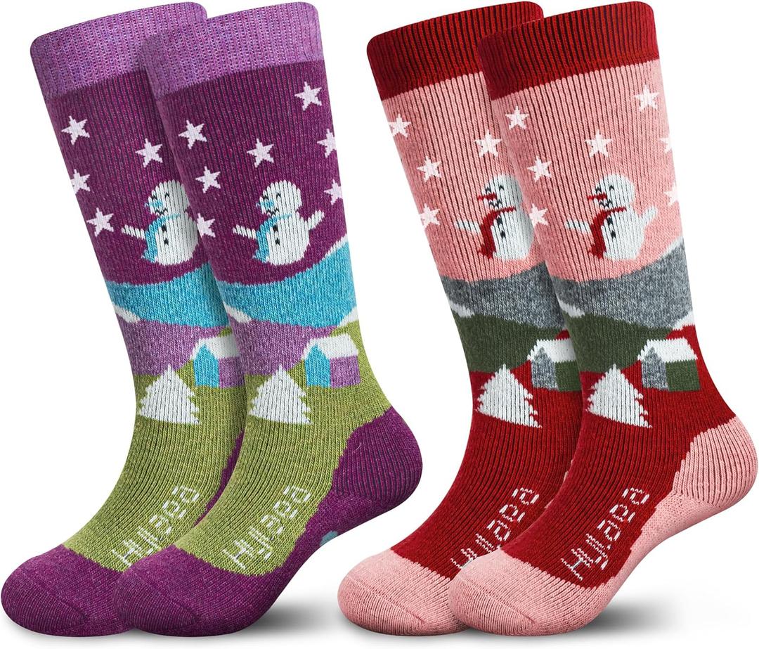 Hylaea Merino Wool Ski Socks Kids, Knee-high Warm Thermal Snowboard Skating Socks for Boys Girls Toddler (Small, Pink Red Gray Blue (2 Pairs))