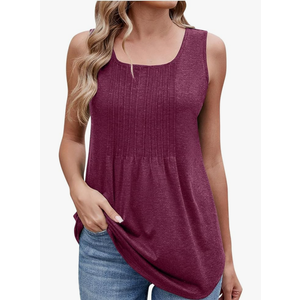 2025 Women's Summer Tank Tops Dressy Casual Sleeveless Holiday Shirts Loose Fit Pleated Front Plus Size Tunic Blouses Size M