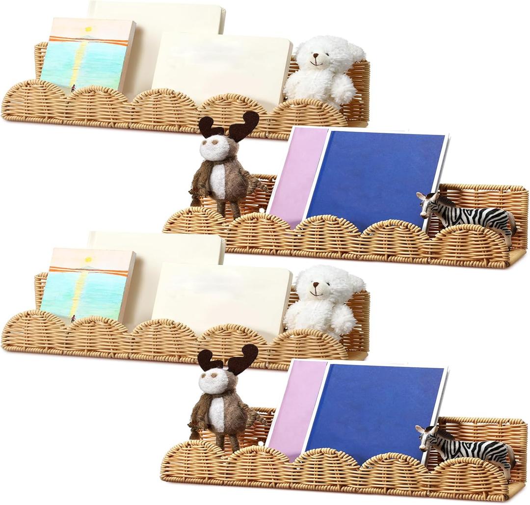 Pinkunn 4 Pcs Nursery Book Shelves 15.8 Inch Rattan Scalloped Floating Bookshelves Wicker Boho Book Shelf for Wall Mounted Decor Nursery Rooms Hanging (Classic)