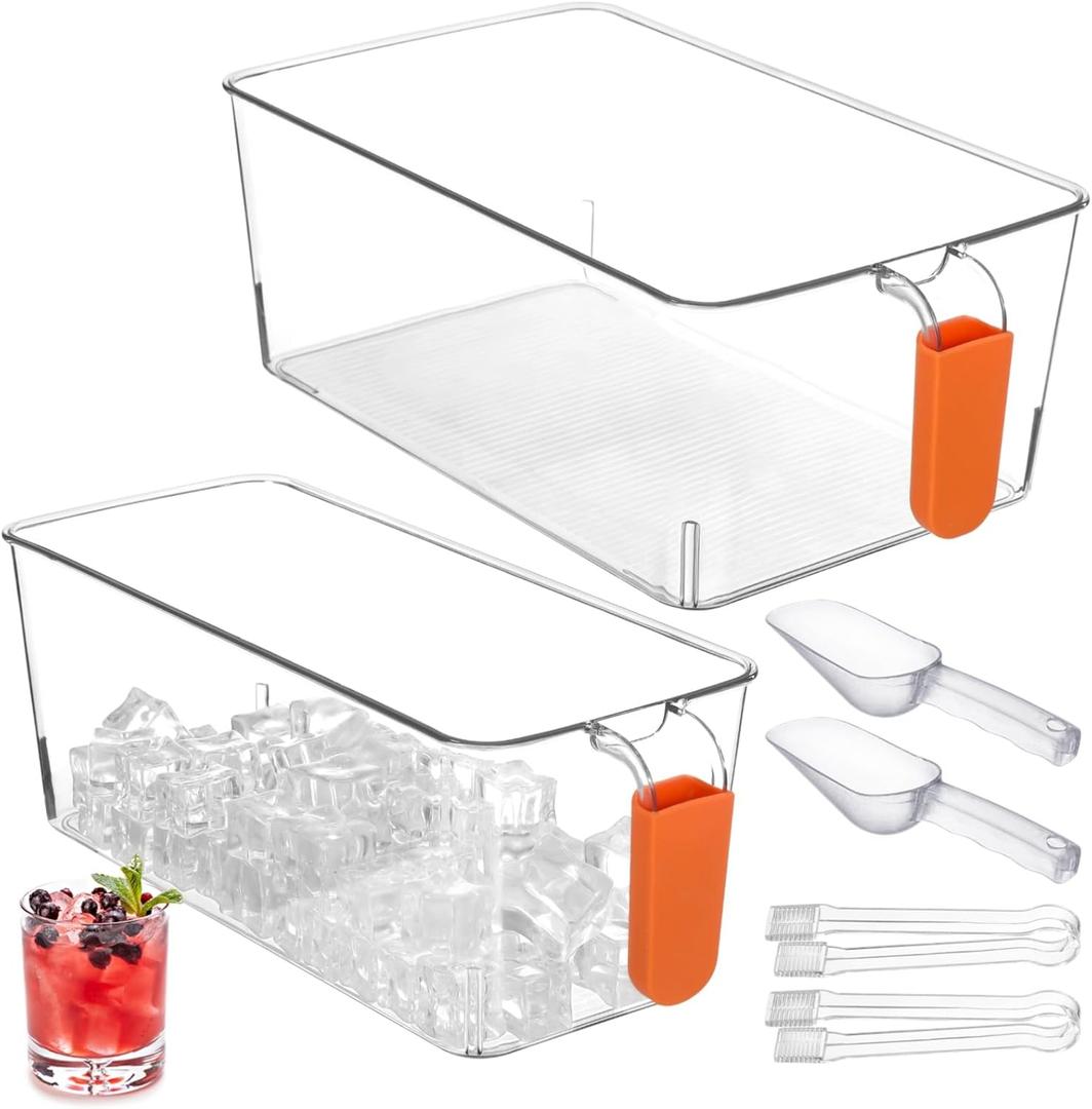 2 PCS Ice Bin with Scoop and Tong, Ice Bucket with Pull-out Handle for Freezer, 2 Sizes Clear Plastic Ice Container for DIY Drink Summer Party, 12.2 x 6.9 x 4.3 in, 12.2 x 4.9 x 4.3 in