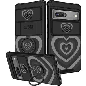 (2in1 for Google Pixel 7 Case for Women Cute Girls Love Heart Cool Phone Cover Black Heart Girly Pretty Kawaii Design with Camera Cover+ Ring Stand for Google Pixel 7 Phone Case