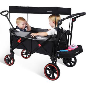 Stroller Wagon with 330LBS, All-Terrain Foldable Wagons for 2 Kids with Removable Canopy, Adjustable Push/Pull Handle for Shopping & Camping, Shock-Absorbing Wheels, Harness Shipped Separately-Black