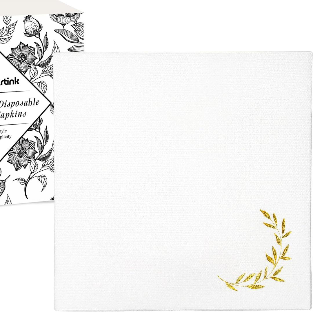 JoyfulArtink 50 Linen-Feel Gold Foil Cocktail Paper Napkins, White and Gold Disposable Cloth-Like Beverage Napkin for Wedding, Anniversary, Birthday Party (5"x5" Fold, Pack of 50)