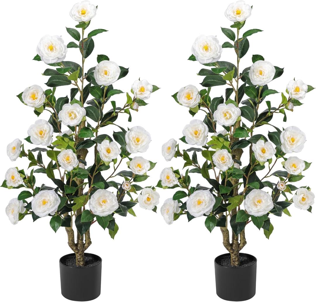 Artificial Camellia Tree 3.3 FT 2 Pack, Christmas Decor Fake Camellia Plant with Blooming Flowers&Natural Wood Trunk, Greenery Faux Potted Plant for Home Office Winter Indoor (White, 3.3FT)