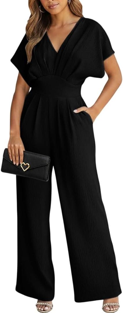 Knowfashionstyle Jumpsuits For Women Dressy Summer Casual V Neck Batwing Sleeve Wide Leg Elegant Vacation One Piece Outfits (Size Large)