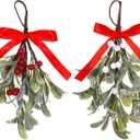 2 Pcs Artificial Mistletoe Christmas Decor, Hanging Mistletoe Ornaments with Red & White Berries for Christmas Tree, Door, Home Holiday Decor
