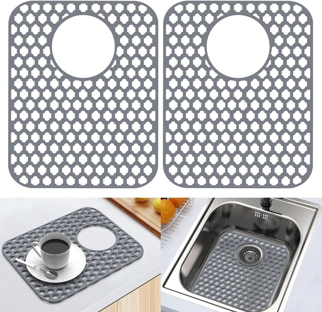 2 Pack Silicone Sink Protector for Kitchen Sink Bathroom, 13.58" x 11.6" Heat-resistant Sink Mat Non-Slip and Durable Silicone Protectors, Rear Drain, Gray