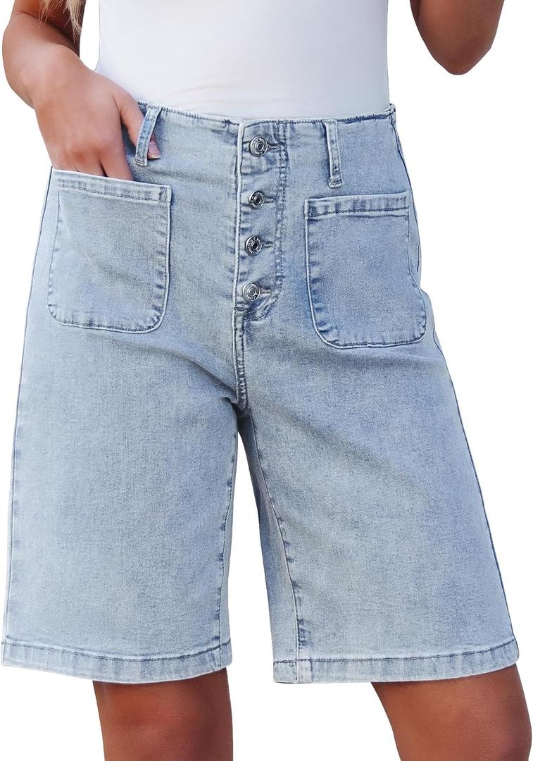 luvamia Bermuda Shorts for Women Jean High Waisted Trendy Patch Pockets Casual Summer Button Fly Stretchy Denim Shorts (Blue, S)