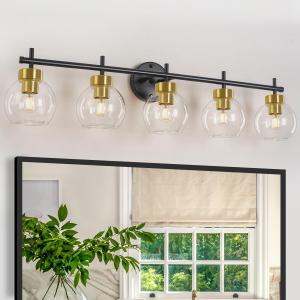 5-Light Black and Gold Vanity Light, Modern Bathroom Light Fixture Over Mirror, Mid Century Globe Wall Sconce Bathroom Lighting with Clear Glass Shade, UL-Listed (5-light Black & Gold)