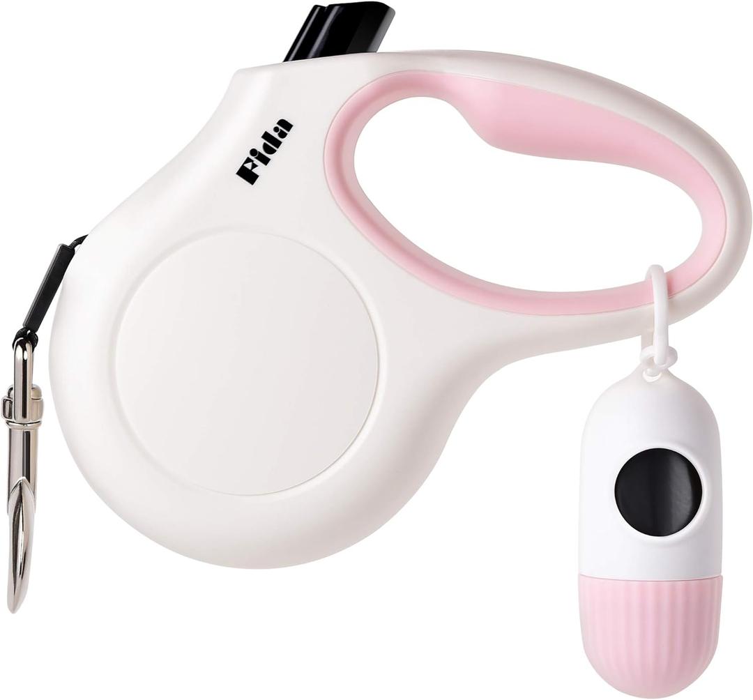 Fida Retractable Dog Leash for Small Breed up to 26 lbs, 16 ft Pet Walking Leash with Dispenser and Poop Bags, Anti-Slip Handle, Reflective Strong Nylon Tape, One-Handed Brake (S, White & Pink)