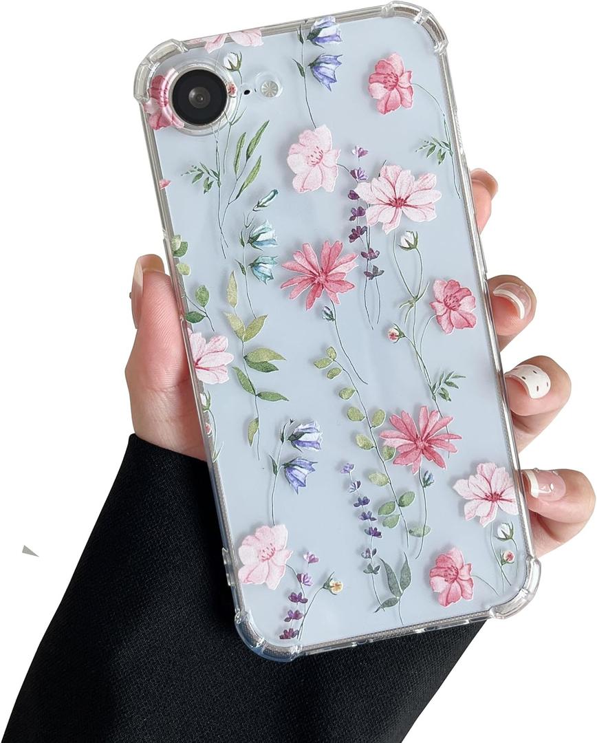 DEFBSC Soft Case Compatible with iPhone 17e/iPhone 16e, Clear Floral Flower Pattern Print Design Flexible TPU Shockproof Cover for Women Girls, Flower Protective Phone Case, Pink Cosmos