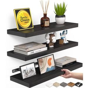BAYKA Floating Shelves for Wall, Wall Mounted Rustic Wood Shelves for Bathroom, Bedroom, Living Room, Kitchen, Hanging Shelf for Books/Storage/Room Decor with 22lbs Capacity (Black, Set of 3, 15.7in)