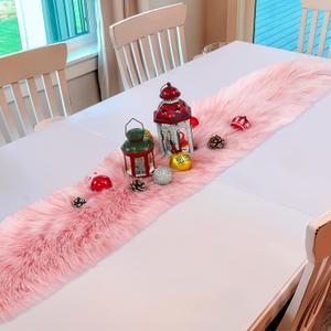 Buryeah 2 Pcs Christmas Table Runner, 72 x 13 Inch Faux Fur Table Runner Dresser Fur Table Runners Decoration Rug Christmas Table Decorations for Xmas Wedding Birthday Winter Dining Table (Pink)