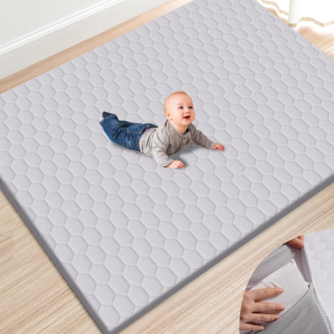 Premium Foam Baby Play Mat 71" x 59" with Removable Cover, Extra Extra Thick Padding Playpen Mat, Non-Slip Floor Mat, Stylish & Easy to Clean for Crawling Baby, Infants & Toddlers, Grey (Solid Color - Gray)