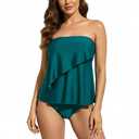 LIZENS Women's Tankini Set Swimsuit Strapless Ruffled Bathing Suit( S ) Green