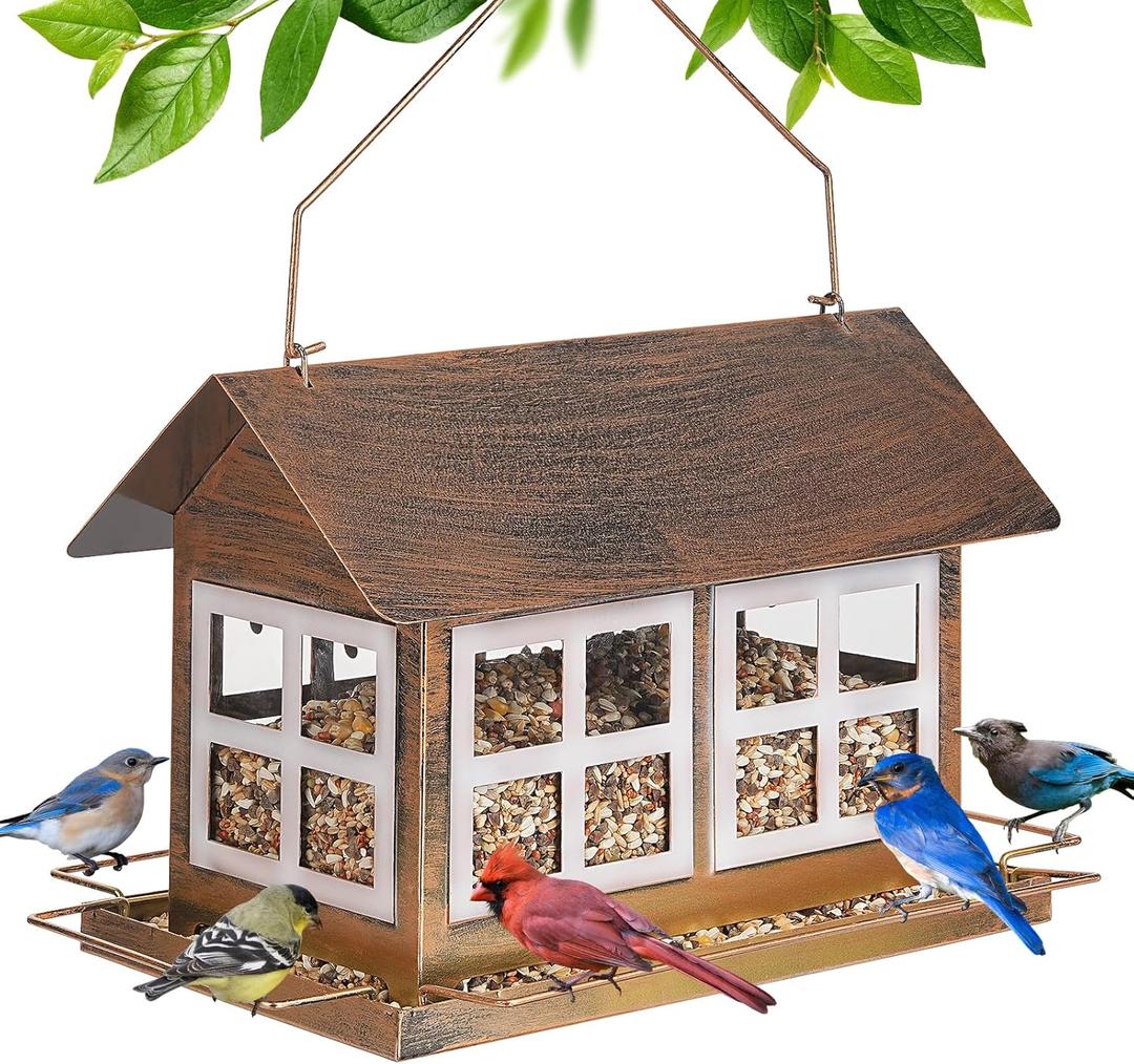 Bird Feeders, Heavy Duty Metal Bird Feeder for Outdoors Hanging, Weatherproof Large Capacity Wild Birdfeeder for Outside Garden Yard, Country House Shape (Horizontal) (Horizontal-6 pounds)