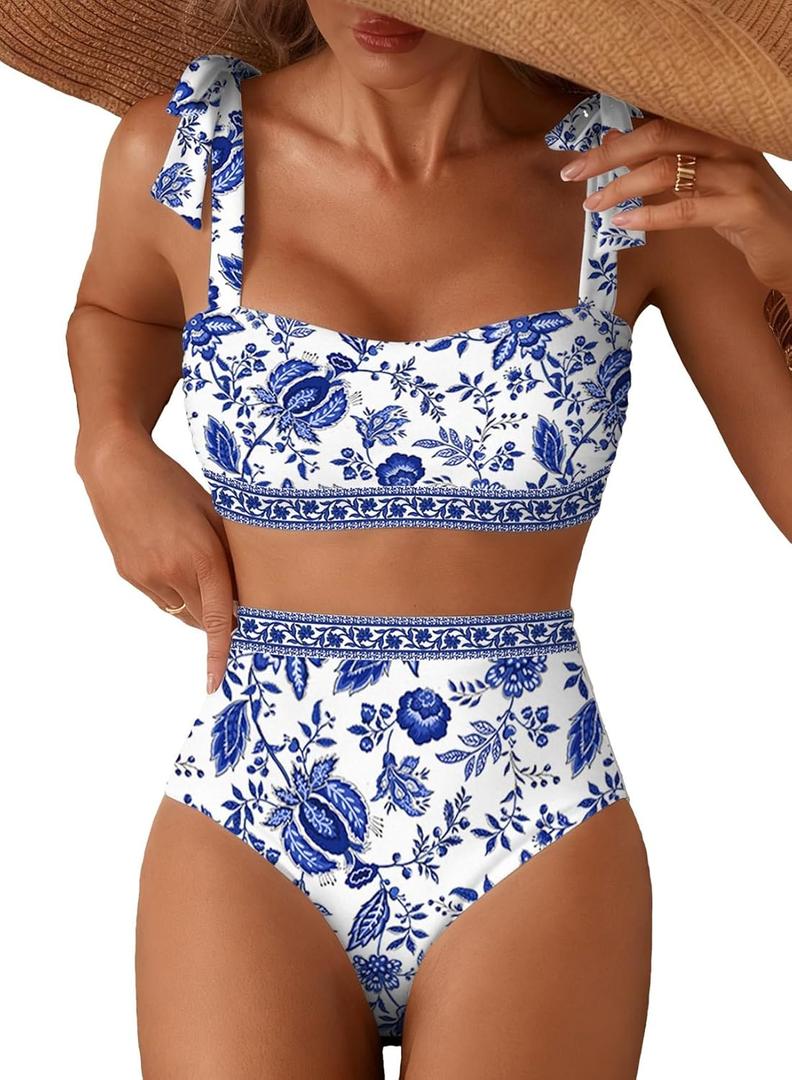 Herseas Women's Tie Shoulder Bikini Sets 2 Piece High Waisted Swimsuits | Removable pads,tummy control bathing suits,adjustable strap,full coverage,beach vacation outfits,cruise essentials Medi