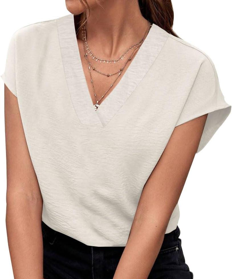 Women's V Neck Blouse 2025 Summer Textured Chiffon Top Cap Sleeve Loose Shirt for Office Work Casual (White, L)